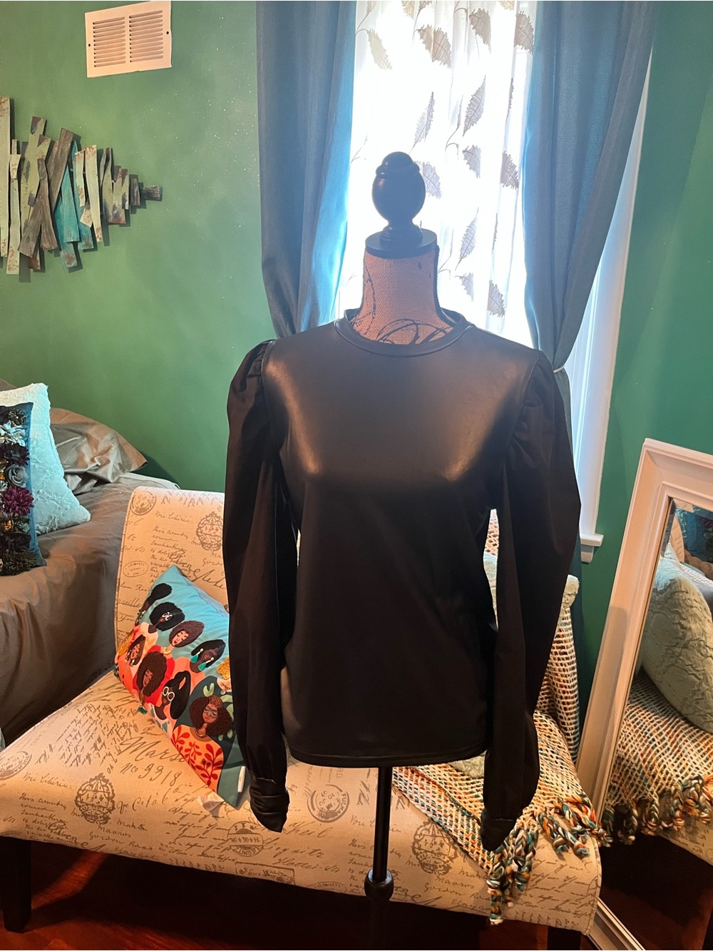 Womens Black Long-Sleeve Faux Leather Top